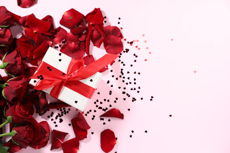 Romantic gift, roses and confetti on light pink background, flat lay. Space for textの写真素材