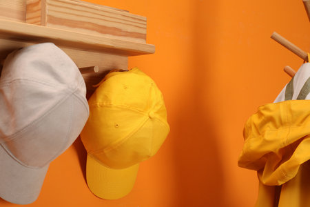 Stylish baseball caps indoors. Mockup for designの写真素材