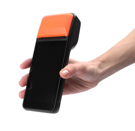 Woman with payment terminal on white background, closeupの写真素材