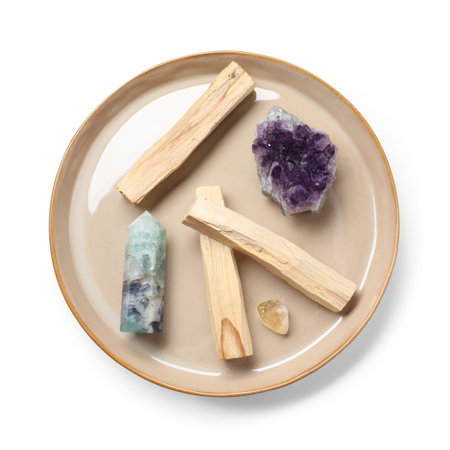 Palo santo sticks and gemstones isolated on white, top viewの写真素材