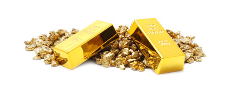 Gold nuggets and bars isolated on white