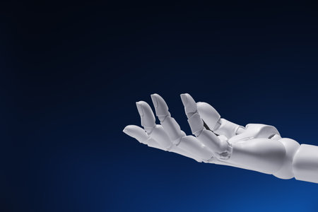 Artificial intelligence. Robot hand gesturing on dark blue background, space for textの写真素材