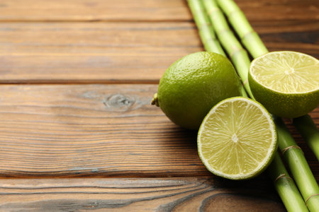 Fresh limes and bamboo stems on wooden table, closeup. Space for textの写真素材