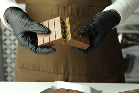 Woman breaking tasty chocolate with pistachios and knafeh at light table indoors, closeupの写真素材