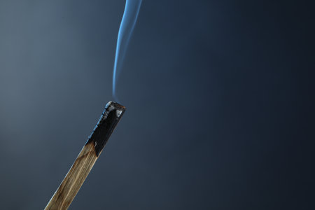 Smoldering stick against gray background, closeup. Space for textの写真素材
