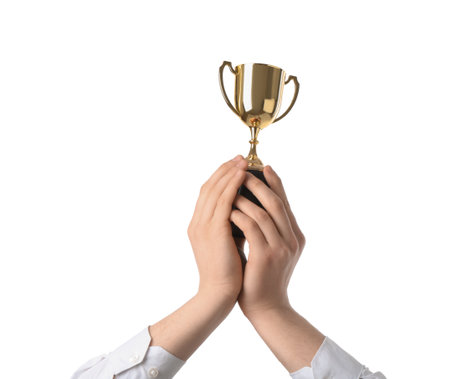 Man with golden trophy cup on white background, closeupの写真素材