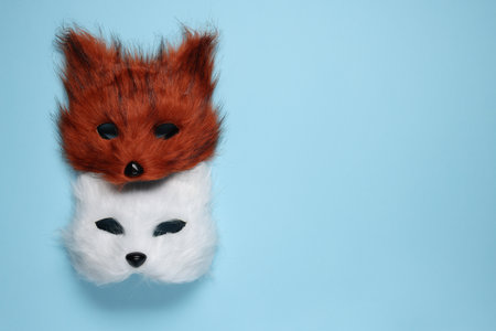 Fox and cat masks on light blue background, top view. Space for textの写真素材