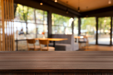 Empty wooden table in stylish cafe. Space for designの写真素材