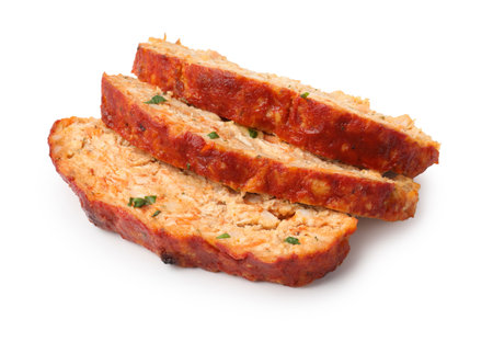Slices of Delicious baked turkey meatloaf isolated on whiteの写真素材