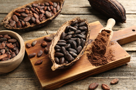 Cocoa pods with beans and powder on wooden tableの写真素材