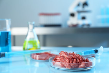 GMO concept. Minced meat and syringe on table in laboratory. Space for textの写真素材