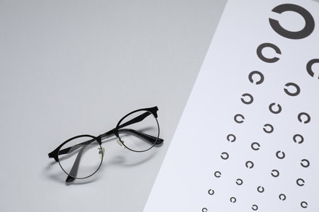 Glasses and vision test chart on gray background, top view. Space for text
