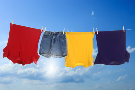 Different clothes drying on washing line against blue skyの写真素材