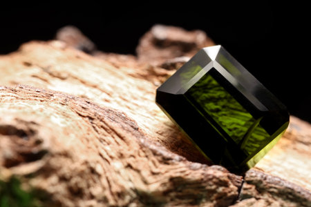 Beautiful shiny green gemstone on stone, closeup. Space for textの写真素材