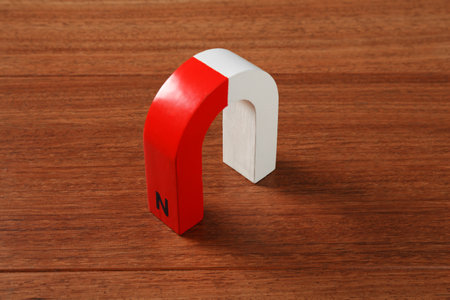 One color horseshoe magnet on wooden tableの写真素材