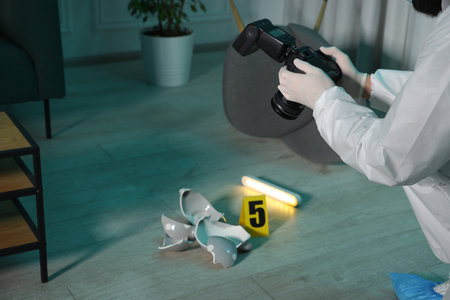 Forensic expert with camera taking photo of evidence at crime scene indoors, closeup