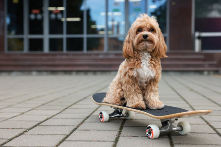 Cute dog with skateboard on city street.の写真素材