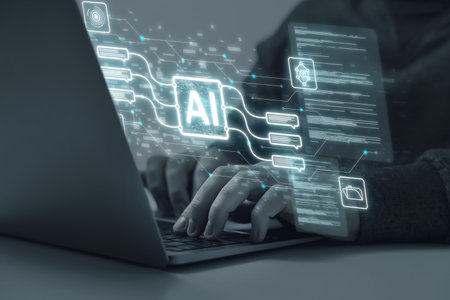 Artificial intelligence. Man using laptop at table, closeup. Scheme with AI and other icons over...