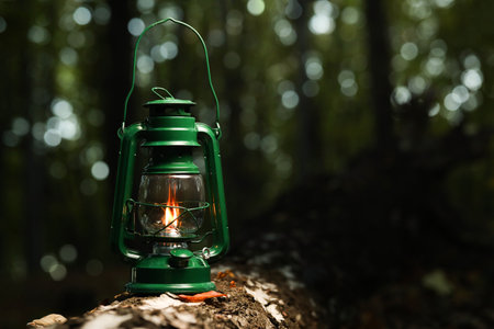 Vintage kerosene lamp in forest at evening, space for textの写真素材