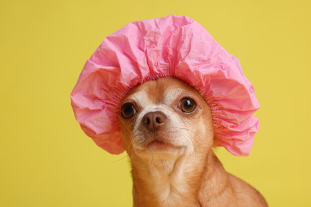 Cute funny dog in pink shower cap on yellow background, closeupの写真素材