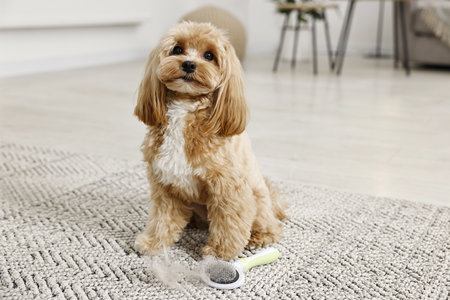 Cute dog and brush with pet's hair on floor indoorsの写真素材