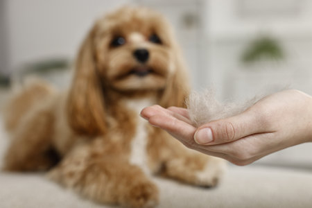 Woman with pet's hair and cute dog indoors, selective focus