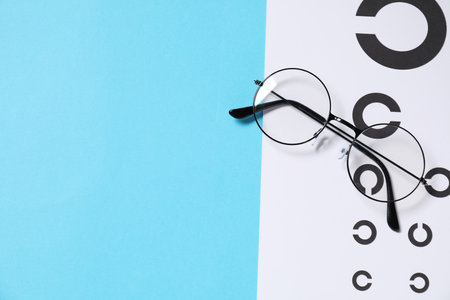 Glasses and vision test chart on light blue background, top view. Space for text