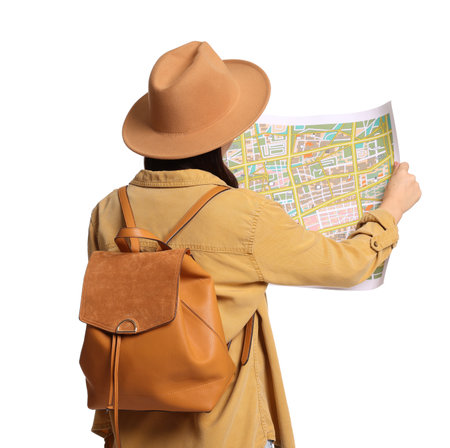 Traveller with map and backpack on white background, back viewの写真素材