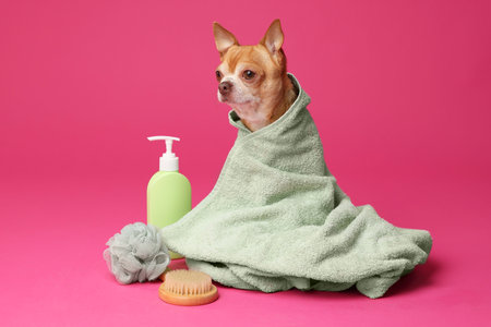 Cute funny dog wrapped in towel and different accessories for bathing on pink backgroundの写真素材