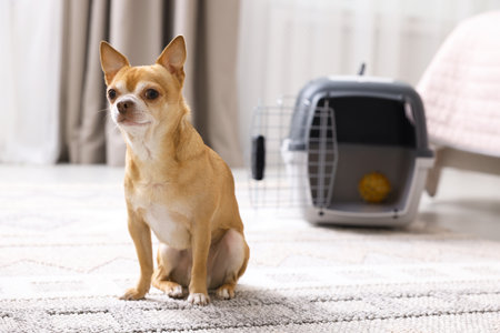 Adorable dog and pet carrier on floor indoors, selective focusの写真素材