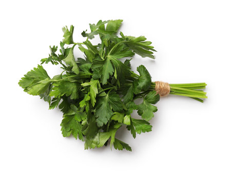Bunch of fresh parsley isolated on white, top viewの写真素材