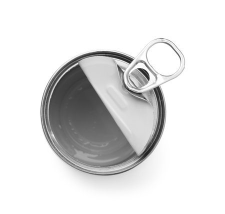 One open tin can isolated on white, top view