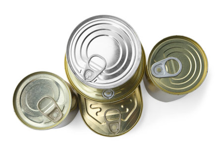 Many closed tin cans isolated on white, top viewの写真素材