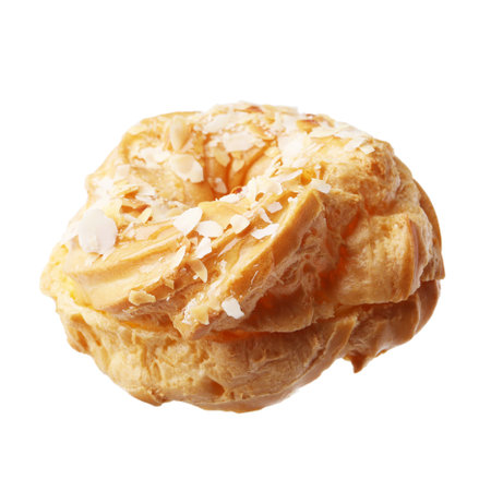 Delicious pastry with almond flakes isolated on white