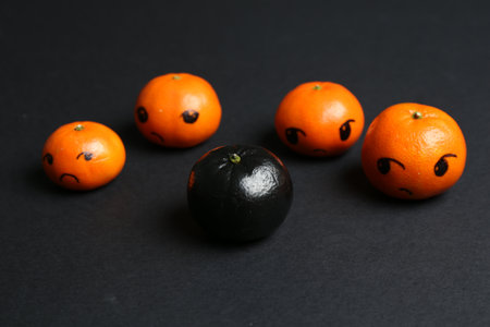 One black tangerine among orange ones on black background, closeupの写真素材