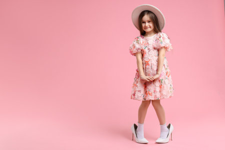 Stylish little girl wearing oversized high heeled shoes on pink background, space for textの写真素材