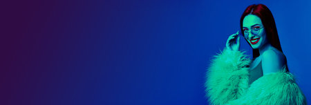 Attractive woman with stylish sunglasses in neon light, space for text. Banner design