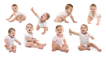 Cute baby on white background, set of portraitsの写真素材