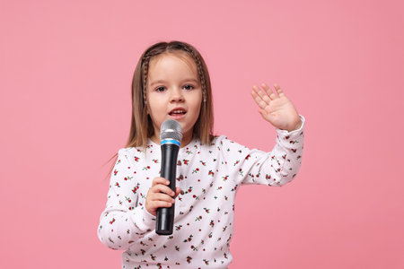 Cute girl with microphone singing on pink backgroundの写真素材