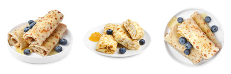 Delicious crepes with honey and blueberries isolated on white, collageの写真素材