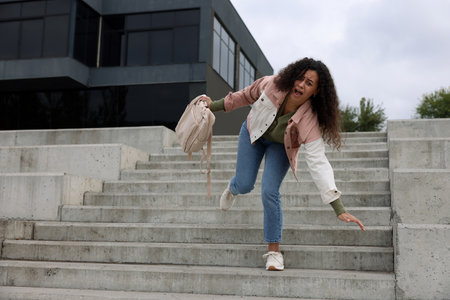 Woman falling on stairs outdoors. Dangerous accidentの写真素材