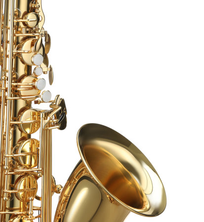 Jazz. One beautiful saxophone isolated on whiteの写真素材