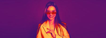 Stylish woman with sunglasses in neon light. Banner design