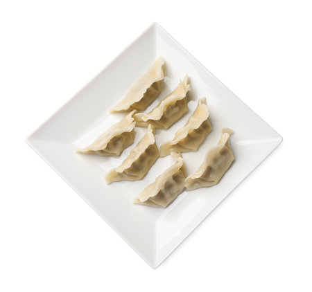 Fresh gyoza dumplings isolated on white, top viewの写真素材