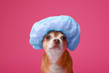 Cute funny dog in light blue shower cap on pink backgroundの写真素材