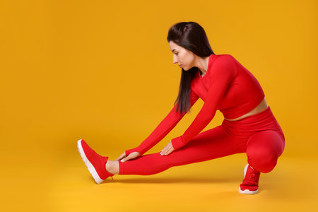 Woman in sportswear exercising on orange backgroundの写真素材