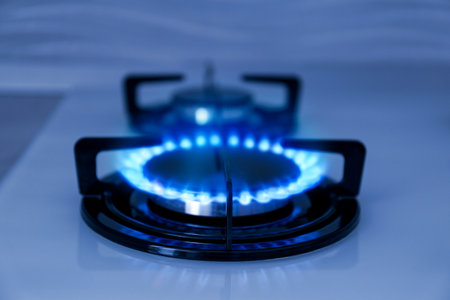 Gas burner with blue flame on stove, closeup