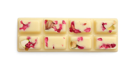One tasty chocolate bar with pieces of nuts isolated on white, top view