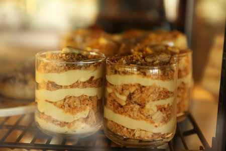 Delicious desserts in glasses on display at cafe, closeup