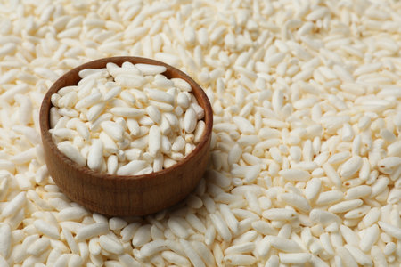 Bowl with puffed rice as background, closeupの写真素材